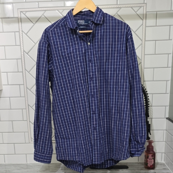 Ralph Lauren POLO by Ralph Lauren WESTERTON Wide collar long sleeve cotton striped shirt Men's L size cotton brown type Vintage Second Hand